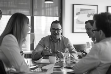 A group of financial advisors sitting around a table, engaged in a discussion and brainstorming session about investment strategies and financial planning - obrazy, fototapety, plakaty