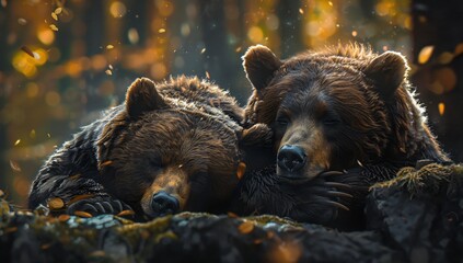 Serene Slumber Two Brown Bears Resting in the Forest Generative AI - obrazy, fototapety, plakaty
