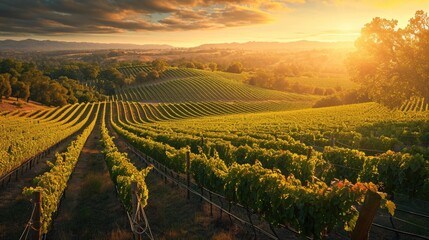 The setting sun casts a golden glow over row upon row of grapevines in a sprawling vineyard,...