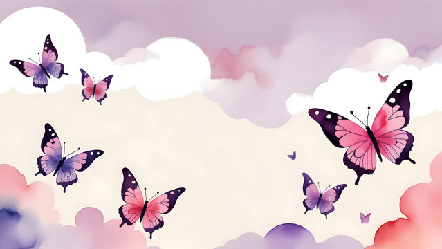 pink and purple butterflies flying in the sky, light watercolor background