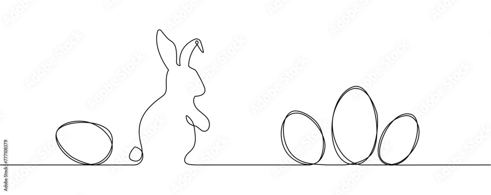 Poster one continuous line drawing of easter eggs and easter bunny in simple linear style. editable stroke.