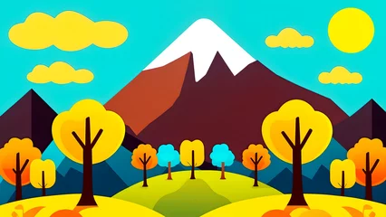 Fotobehang simple flat cartoon vector illustration of an autumn landscape with mountains, trees the sun, clouds © Janos