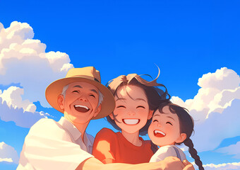 Obraz na płótnie Canvas 青空の下で微笑む親子三代の家族-2