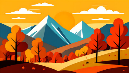 simple vector illustration of an autumn landscape with mountains, trees, and the sun