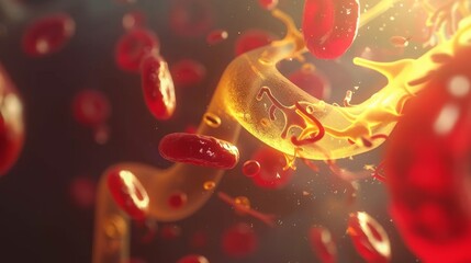 Digital art representation of red blood cells with plasma flow, capturing the dynamic movement within the bloodstream. - obrazy, fototapety, plakaty