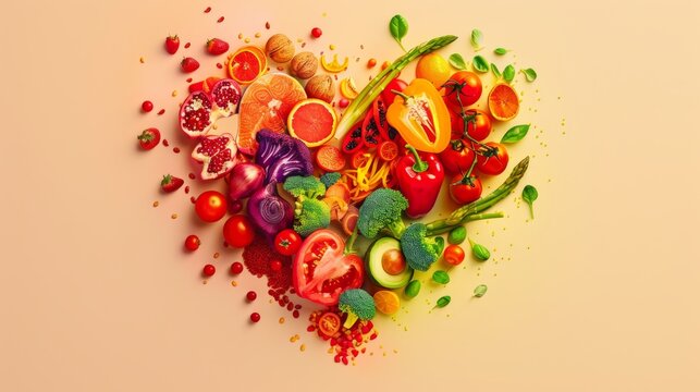 An array of vibrant fruits and vegetables artistically arranged, depicting a healthy, plant-based diet concept.
