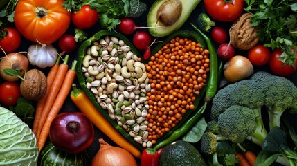 A heart-shaped assortment of nuts and legumes surrounded by an array of colorful vegetables, symbolizing heart-healthy nutrition. - obrazy, fototapety, plakaty