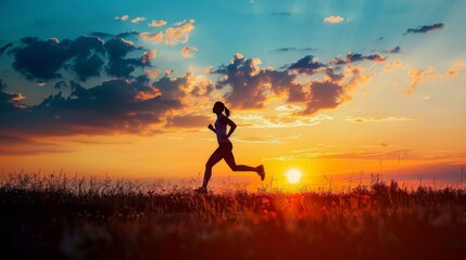 A woman's silhouette is captured in motion against a stunning sunset, embodying the essence of an active and healthy lifestyle.