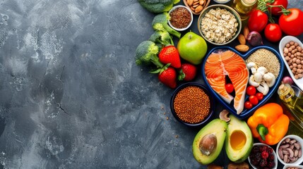 Top view of a diverse collection of healthy foods including fruits, vegetables, nuts, grains, and...