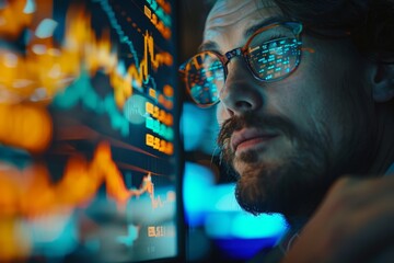 A focused man wearing glasses is analyzing market trends on a computer screen, making successful trades in a stock market environment