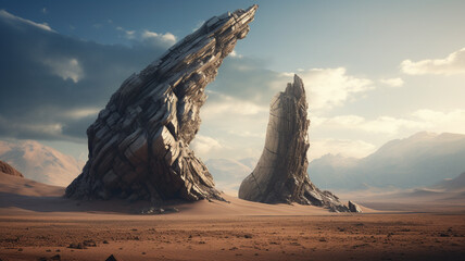 A surreal rock formation rising out of a vast desert landscape.