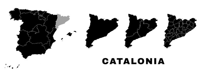 Catalonia map, autonomous community in Spain. Spanish administrative regions and municipalities.