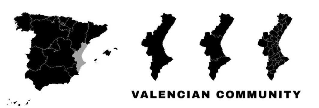 Valencian Community map, autonomous community in Spain. Spanish administrative regions and municipalities.