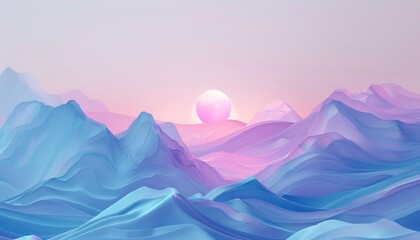 Tranquil pastel sunrise in minimalist 3d abstract landscape with serene rolling hills