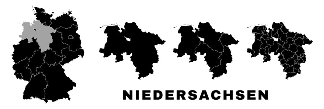 Lower Saxony map, German state. Germany administrative regions and boroughs, amt, municipalities.