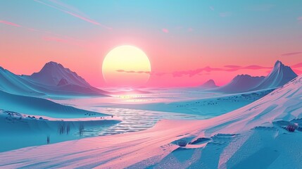 Tranquil pastel sunrise above minimalistic 3d abstract landscape with serene rolling hills