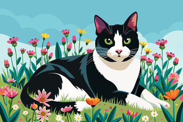 black and white cat laying in a field of flowers vectors