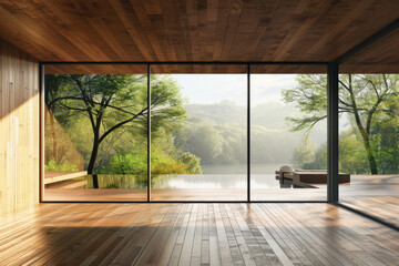 A clean, modern wooden empty space with frameless glass door, with nature view