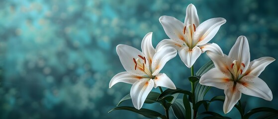 White lilies on blue background with space for condolence message. Concept Condolence, White Lilies, Blue Background, Space for Message - obrazy, fototapety, plakaty