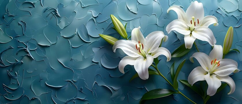 White lilies branch funeral background with space for message of condolence. Concept Funeral Background, White Lilies, Condolence Message, Grief Support, Mourning Ceremony