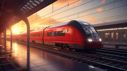 Shinkansen, Train station with motion blur effect on afternoon clouds, sunset background.  - obrazy, fototapety, plakaty