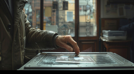 Close-Up of a Hand Operating a Touchscreen Information Kiosk. Generative Al - obrazy, fototapety, plakaty