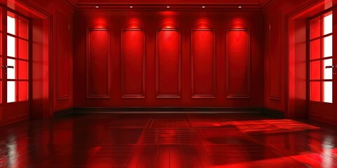 The empty room is entirely in bright red style with dim lighting, large wide windows, background, wallpaper. - obrazy, fototapety, plakaty