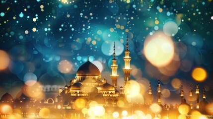 Dreamy Eid scene with grand mosque silhouettes amidst a bokeh and star embellished night sky - obrazy, fototapety, plakaty