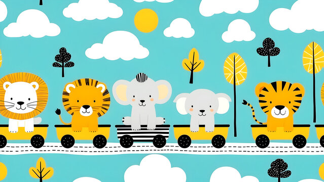 cute pattern with a cute lion, tiger, and elephant in a train vector illustration for kids