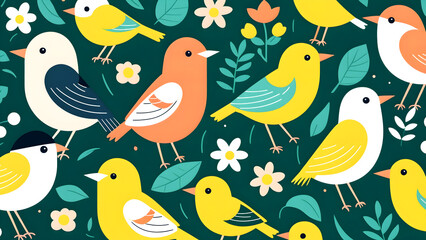 cute spring vector illustration background with birds, flowers, and leaves