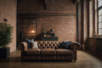 Elegantes Loft-Ambiente mit Chesterfield-Sofa und historischer Backsteinwand - obrazy, fototapety, plakaty