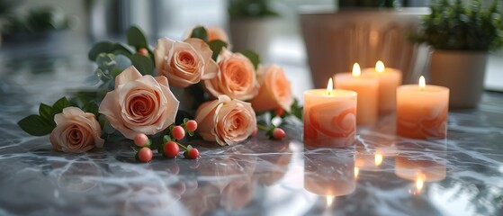 Sympathy and Mourning: Rose Bouquet on Marble with Candles. Concept Sympathy, Mourning, Rose Bouquet, Marble, Candles