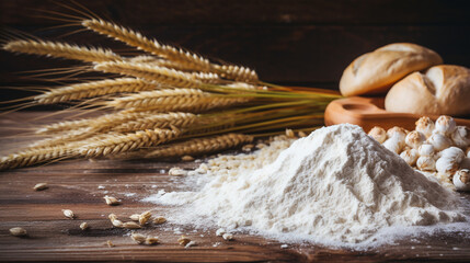 Flour on a wooden board. cooking kitchen background сreated with Generative Ai