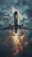 An airplane soars upwards amidst a tempestuous sky with lightning and ethereal lights illuminating its path. Generative Al - obrazy, fototapety, plakaty