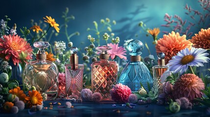 Obraz na płótnie Canvas Floral Perfume Collection A Bouquet of Scented Blossoms Generative AI