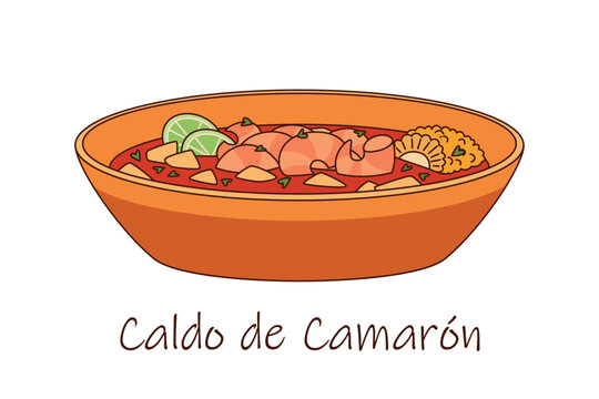 Tom Yum Kung - Caldo de Camaron - shrimp soup with lime traditional cuisine, vector illustration