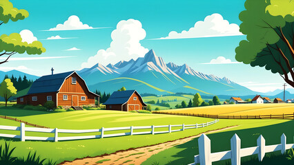 illustration of green fields, farmhouses and wooden fences - obrazy, fototapety, plakaty