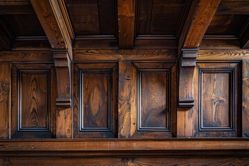 Detailed view of dark wood panels, beams, and trim on a wall