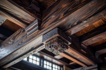 Dark wooden ceiling with a light fixture hanging from it, showcasing intricate architectural design