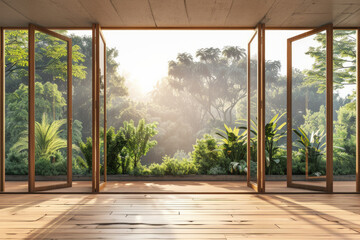 A clean, modern wooden empty space with frameless glass door, with nature view