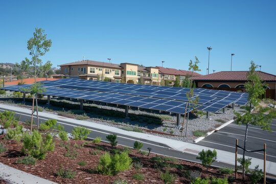 A parking lot filled with numerous solar panels generating renewable energy for the community