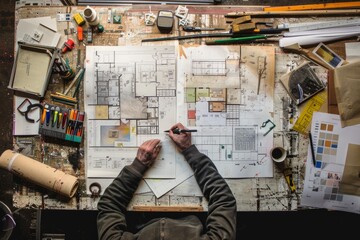 An architect or designer working on an architectural floorplan at a table surrounded by tools, sketches, and reference materials