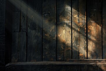 A wooden wall illuminated by a light source, creating a stark contrast between the dark textured surface and the brightness - obrazy, fototapety, plakaty
