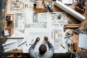A man sitting at a table, focused on his architectural project, surrounded by tools, sketches, and references - obrazy, fototapety, plakaty