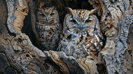 A wise and majestic owl perched on a branch, its feathers perfectly camouflaged against the tree bark.