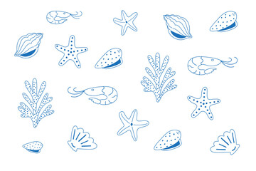 Vector fresh shellfish products pattern on a white background, seafood shop, restaurant menu, banner, textile print, line illustration of coral, shell and shrimps