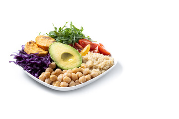 Healthy salad with avocado,lettuce,tomato and chickpeas isolated on white background. Copy space