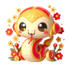 Naklejka premium Cute character 3D image concept art of a cute chinese snake. Red and yellow color scheme lunar new year ,flowers, white background isolated PNG