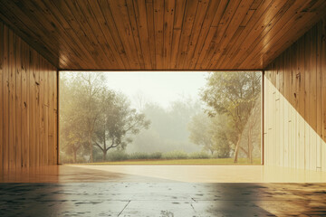 A clean, modern wooden empty space with frameless glass door, with nature view