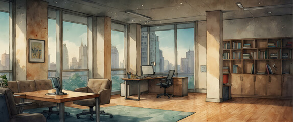 for advertisement and banner as Design Dynamics An office space where design and function meet illustrated in watercolor. in watercolor office room theme ,Full depth of field, high quality ,include co